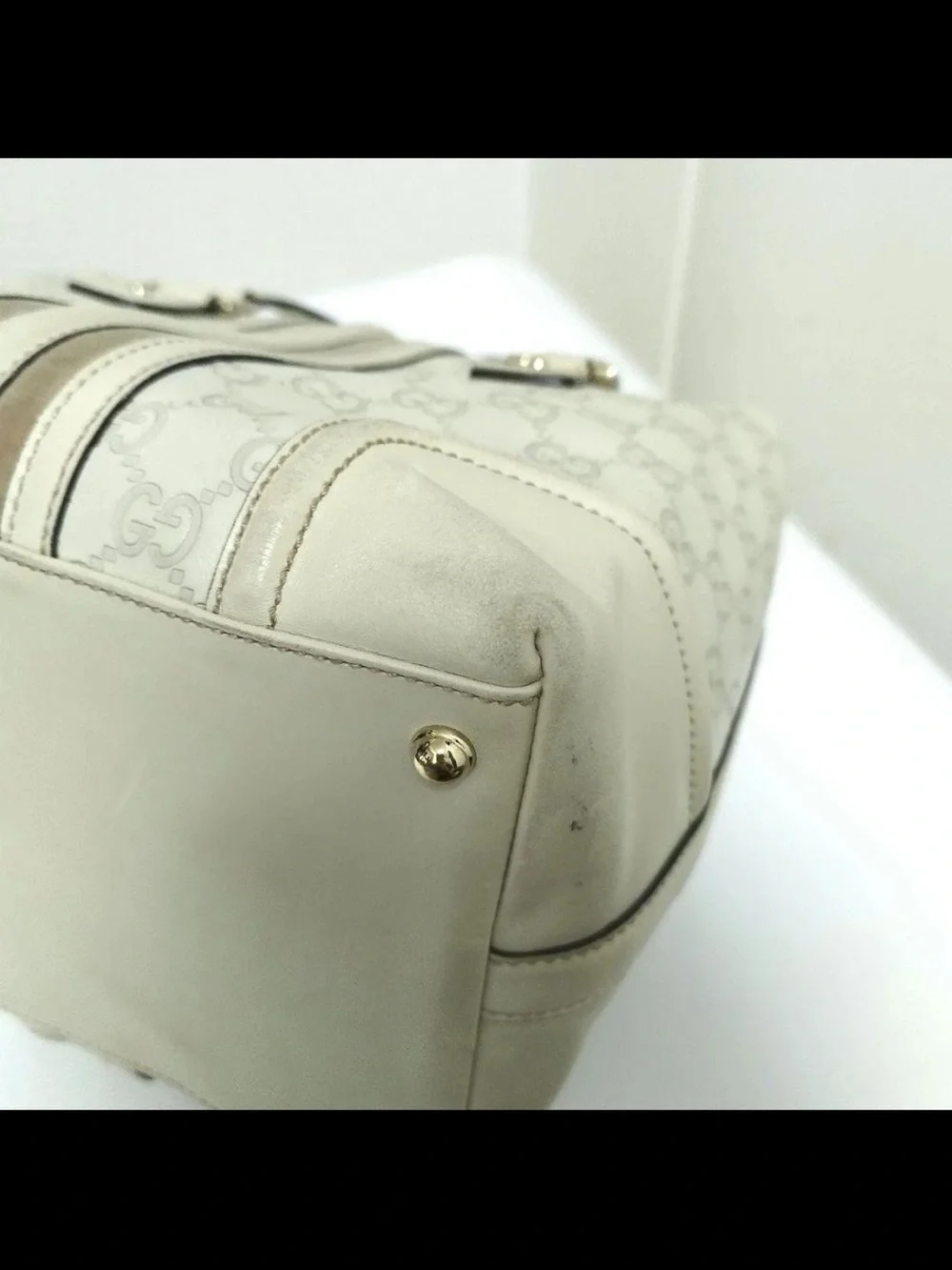 Gucci Cream and Beige Monogram Satchel with Gold Chain